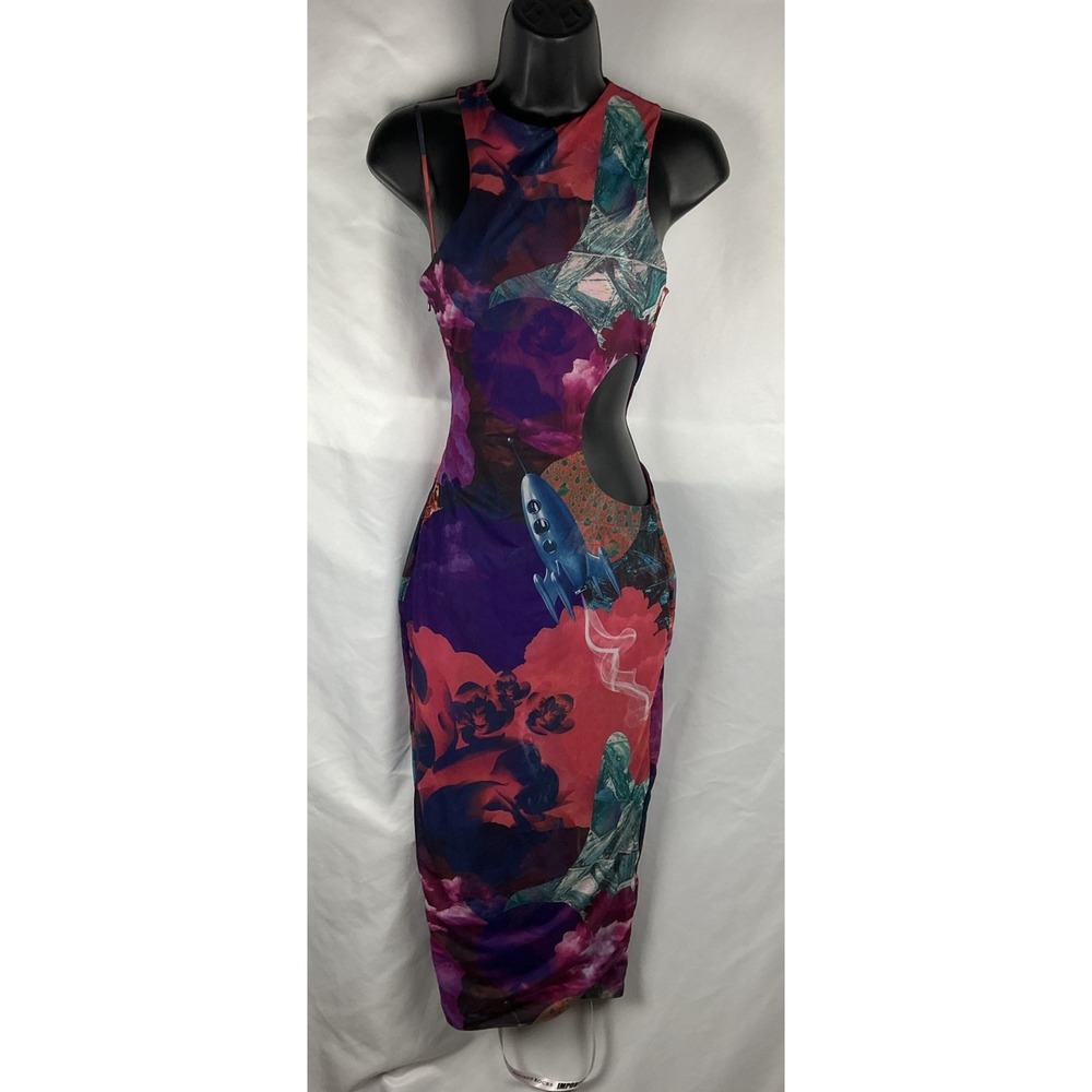 Mistress Rocks‎ Size XS Glory Graphic Print  Cut Out Stretch Mesh Midi Dress